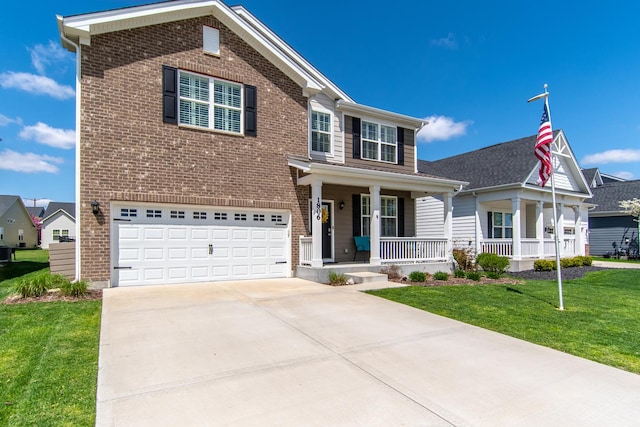 view of front facade with an attached garage, a front lawn, brick siding, a porch, and driveway