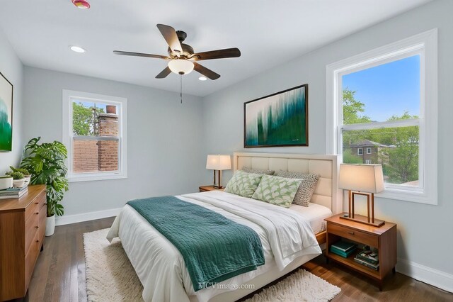 8907 S Luella Ave, Chicago, IL 60617 - bedroom featuring baseboards, dark wood-type flooring, recessed lighting, and a ceiling fan