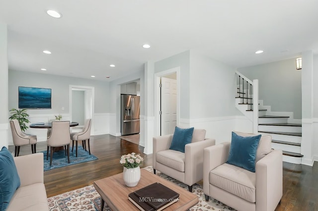 8907 S Luella Ave, Chicago, IL 60617 - living room featuring wainscoting, stairs, dark wood-style flooring, and recessed lighting