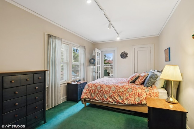 carpeted bedroom with baseboards, track lighting, and ornamental molding