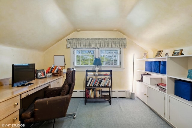 carpeted office space featuring a baseboard heating unit and lofted ceiling