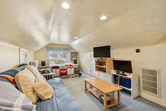 living room with visible vents, carpet floors, recessed lighting, baseboards, and vaulted ceiling