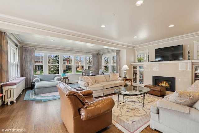 living area featuring crown molding, a wealth of natural light, and a fireplace