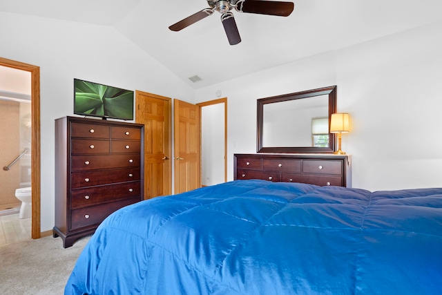 1065 Cedar Creek Dr, Lake Zurich, IL 60047 - bedroom with lofted ceiling, light carpet, ensuite bathroom, a ceiling fan, and baseboards