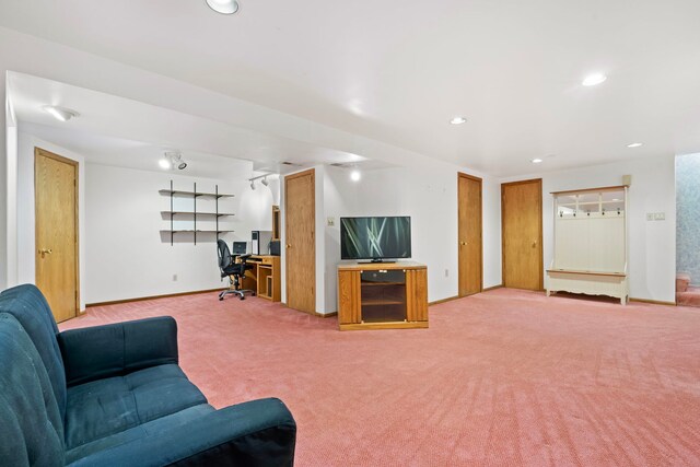 1065 Cedar Creek Dr, Lake Zurich, IL 60047 - living room featuring light carpet, recessed lighting, an office area, and baseboards