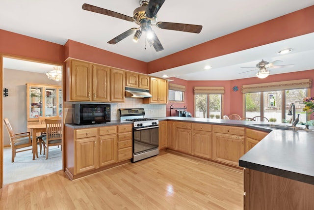 1065 Cedar Creek Dr, Lake Zurich, IL 60047 - kitchen featuring gas stove, black microwave, under cabinet range hood, a ceiling fan, and light wood-type flooring