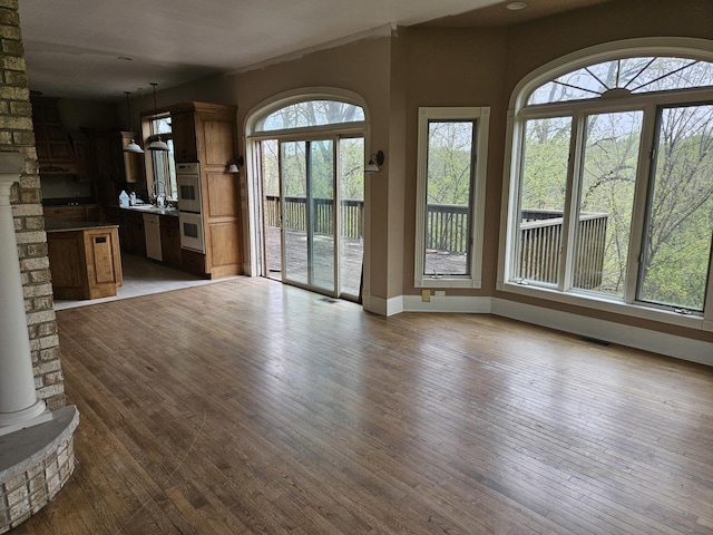 6554 N 16000e Rd, Grant Park, IL 60940 - unfurnished living room with light wood-type flooring, ornate columns, and a sink
