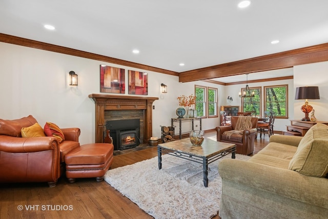 42W142 Ravine Dr, Saint Charles, IL 60175 - living room featuring wood finished floors, ornamental molding, a chandelier, and recessed lighting