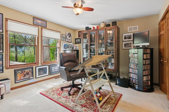 42W142 Ravine Dr, Saint Charles, IL 60175 - office area featuring carpet flooring, a ceiling fan, and baseboards