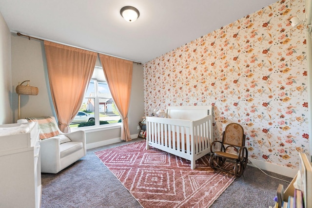 840 Coventry Cir N, Sycamore, IL 60178 - bedroom featuring a crib, wallpapered walls, baseboards, and carpet floors