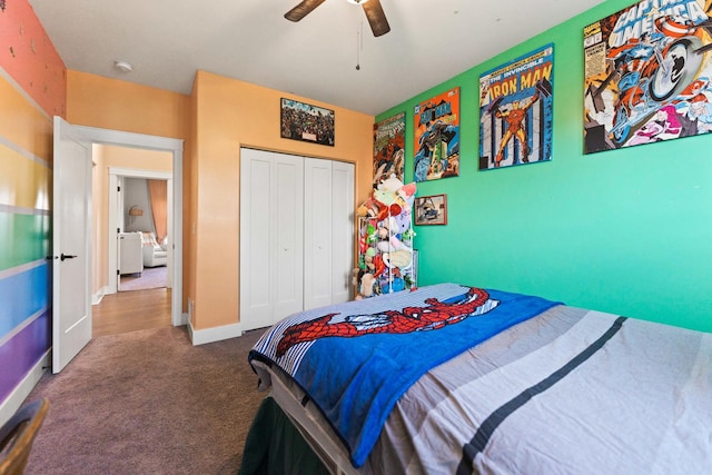 840 Coventry Cir N, Sycamore, IL 60178 - bedroom featuring ceiling fan, carpet, a closet, and baseboards