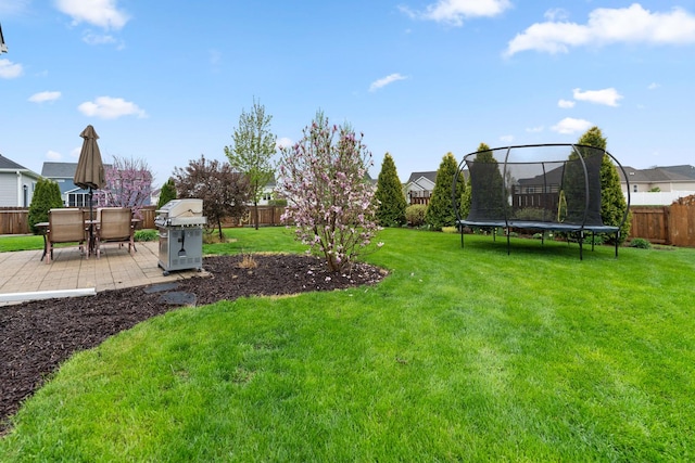840 Coventry Cir N, Sycamore, IL 60178 - view of yard featuring a fenced backyard, a patio area, and a trampoline