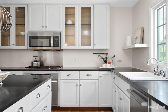 kitchen featuring stainless steel appliances, a sink, healthy amount of natural light, and white cabinets