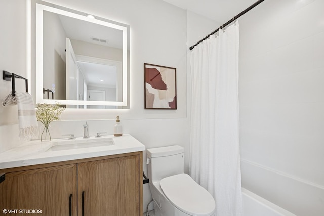 full bath featuring vanity, shower / tub combo, visible vents, and toilet