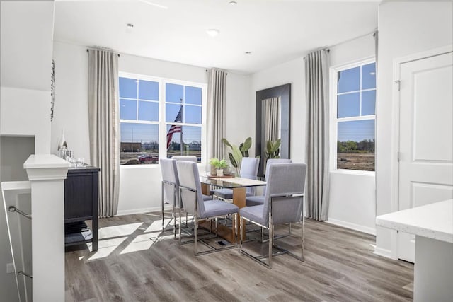 dining area featuring baseboards and wood finished floors