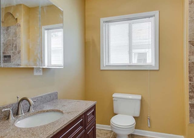 full bathroom with toilet, a tile shower, a wealth of natural light, and vanity
