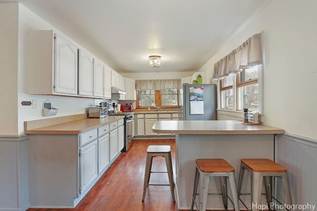 kitchen featuring a sink, a breakfast bar area, stainless steel appliances, a peninsula, and under cabinet range hood