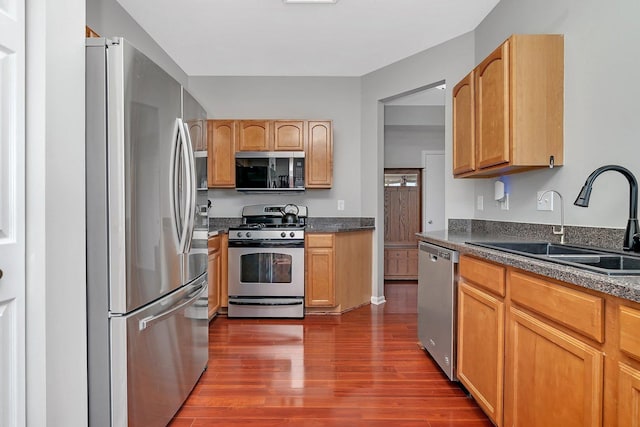 kitchen with dark wood-type flooring, a sink, dark countertops, and stainless steel appliances