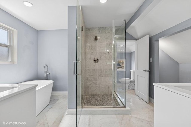 bathroom with vanity, recessed lighting, marble finish floor, and a stall shower