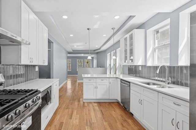 kitchen featuring appliances with stainless steel finishes, tasteful backsplash, a sink, white cabinets, and wall chimney exhaust hood