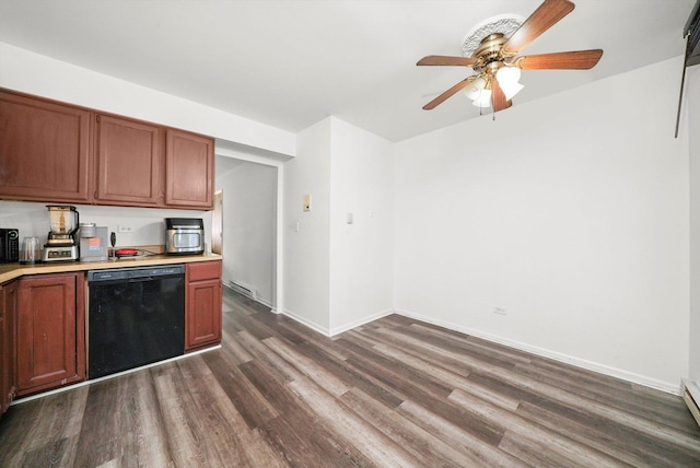 kitchen featuring dark wood-type flooring, dishwasher, light countertops, a ceiling fan, and baseboards