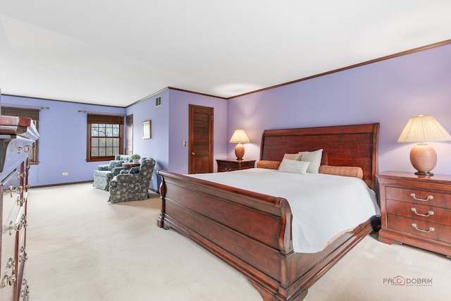 carpeted bedroom with ornamental molding, a closet, and visible vents
