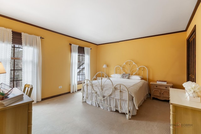 bedroom featuring crown molding, light carpet, and multiple windows