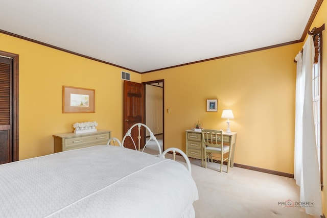 bedroom featuring visible vents, crown molding, and light colored carpet