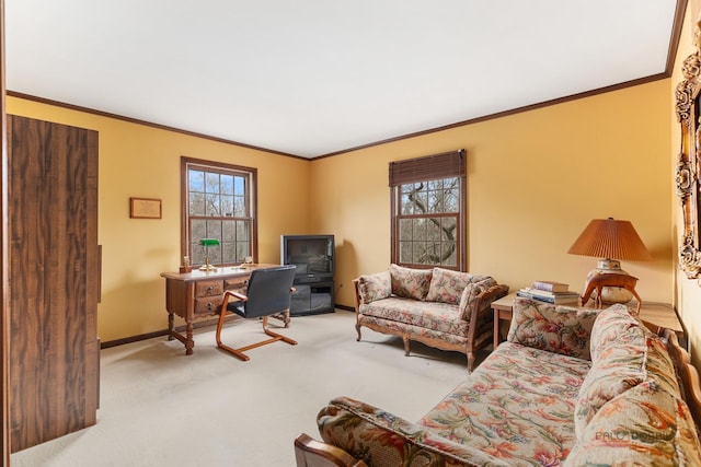 carpeted living room with baseboards and crown molding