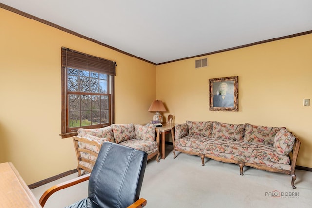 carpeted living area with crown molding, baseboards, and visible vents