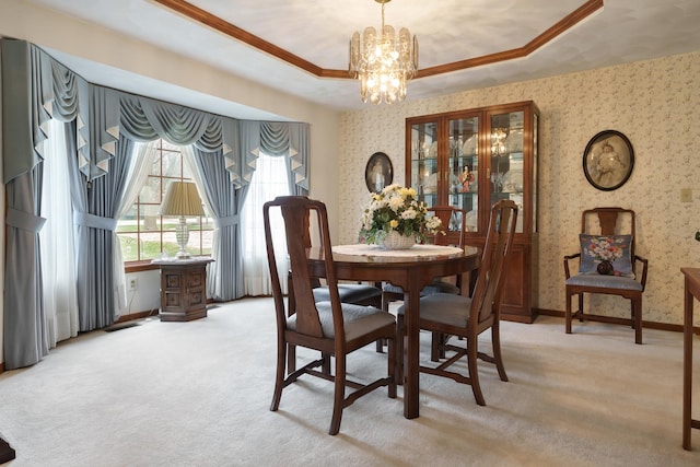17 Thistle Trl, Caledonia, IL 61011 - dining room with light carpet, a chandelier, wallpapered walls, a tray ceiling, and crown molding