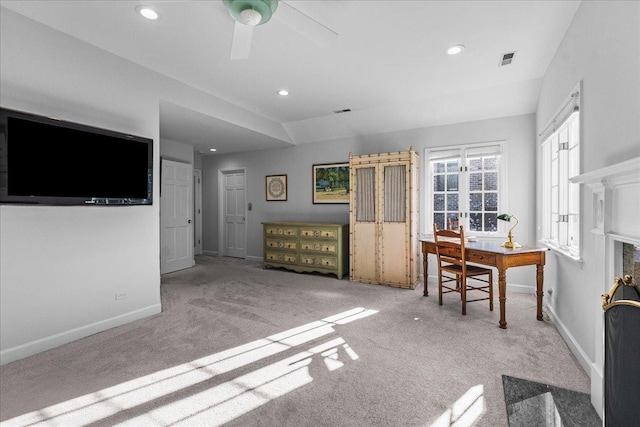 441 Oakland Dr, Highland Park, IL 60035 - carpeted dining space featuring baseboards, recessed lighting, and a ceiling fan