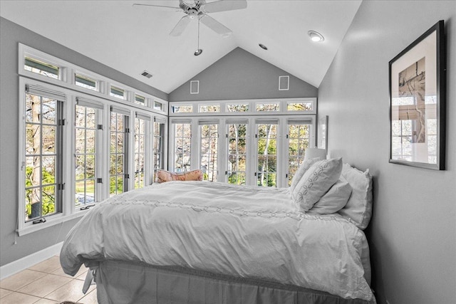 441 Oakland Dr, Highland Park, IL 60035 - tiled bedroom with access to outside, high vaulted ceiling, baseboards, a ceiling fan, and recessed lighting