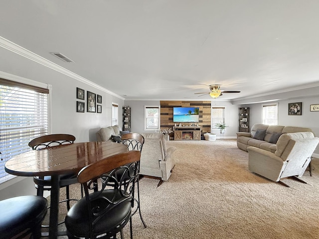 1402 W Lincoln Blvd, Freeport, IL 61032 - living room with ornamental molding, ceiling fan, carpet, and a glass covered fireplace