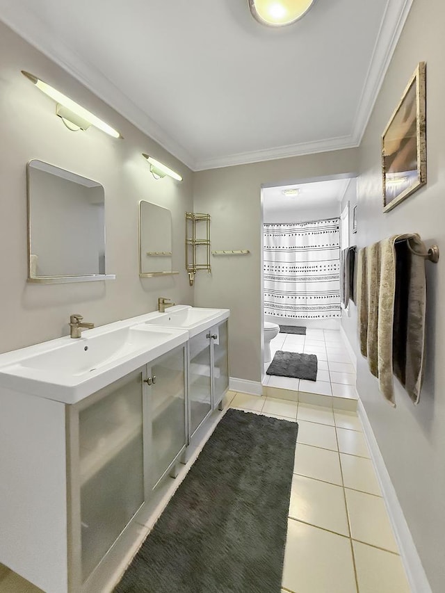 1402 W Lincoln Blvd, Freeport, IL 61032 - bathroom with crown molding, tile patterned flooring, double vanity, and a bidet