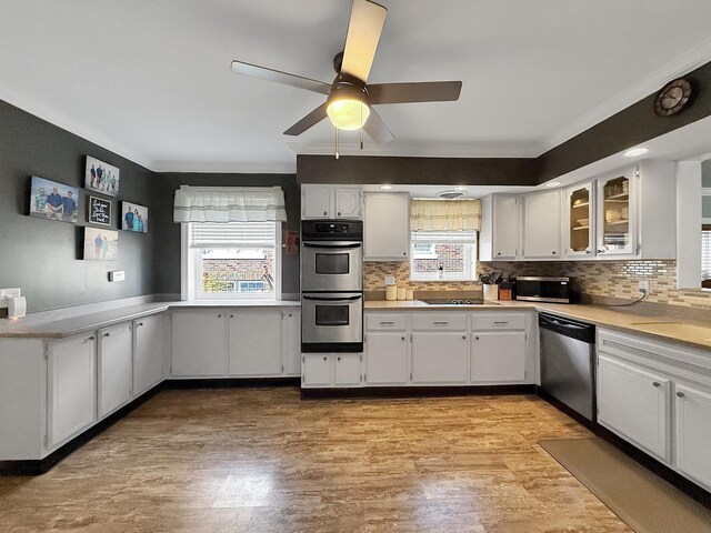 1402 W Lincoln Blvd, Freeport, IL 61032 - kitchen featuring stainless steel appliances, light countertops, ceiling fan, white cabinets, and crown molding