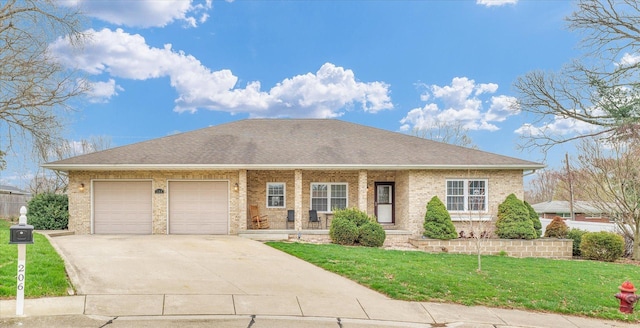 ranch-style house with a shingled roof, an attached garage, a front lawn, brick siding, and driveway