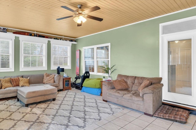 living room with crown molding, a ceiling fan, tile patterned floors, and wood ceiling