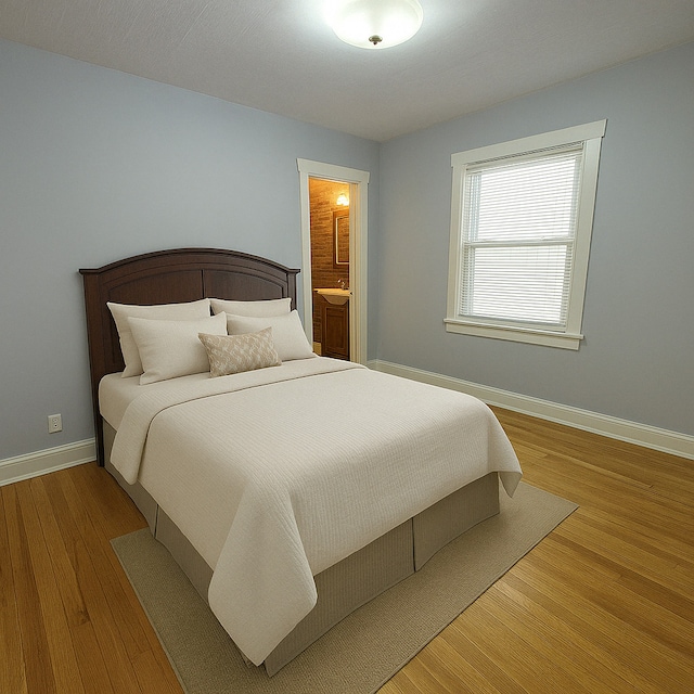 3114 N Long Ave, Chicago, IL 60641 - bedroom with baseboards, ensuite bathroom, and wood finished floors
