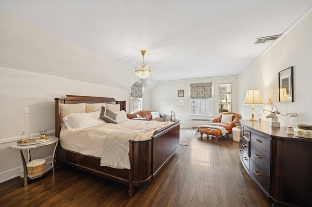 420 Washington Ave, Glencoe, IL 60022 - bedroom with radiator, dark wood-style flooring, a chandelier, and lofted ceiling