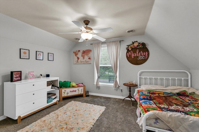 bedroom with dark carpet, a ceiling fan, baseboards, and vaulted ceiling