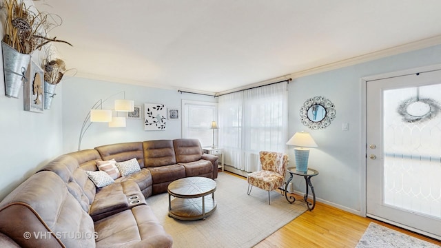 living room featuring crown molding, baseboard heating, baseboards, and wood finished floors