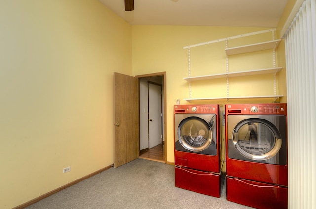 washroom featuring independent washer and dryer, carpet flooring, laundry area, a ceiling fan, and baseboards