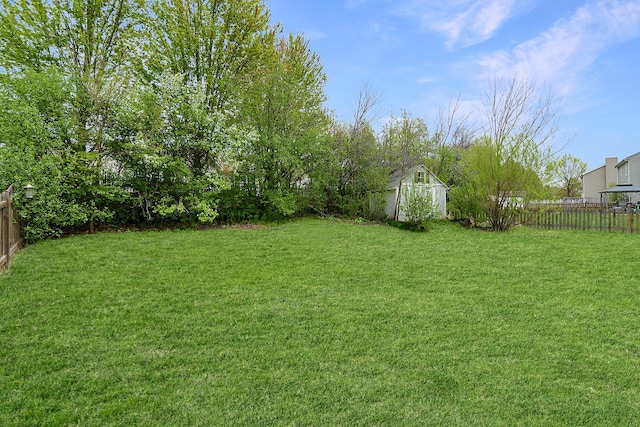 view of yard featuring a fenced backyard, a storage unit, and an outdoor structure