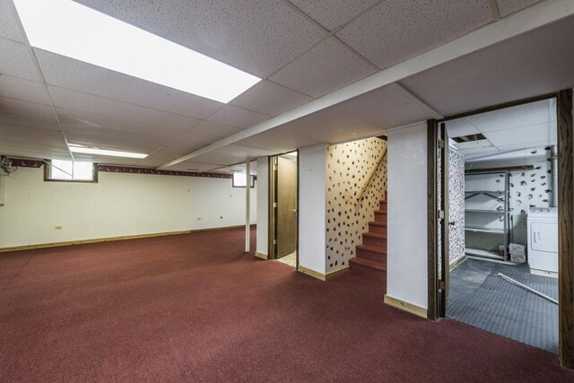 301 Garnett Ave, Winthrop Harbor, IL 60096 - below grade area featuring washer / clothes dryer, carpet flooring, stairway, baseboards, and a drop ceiling