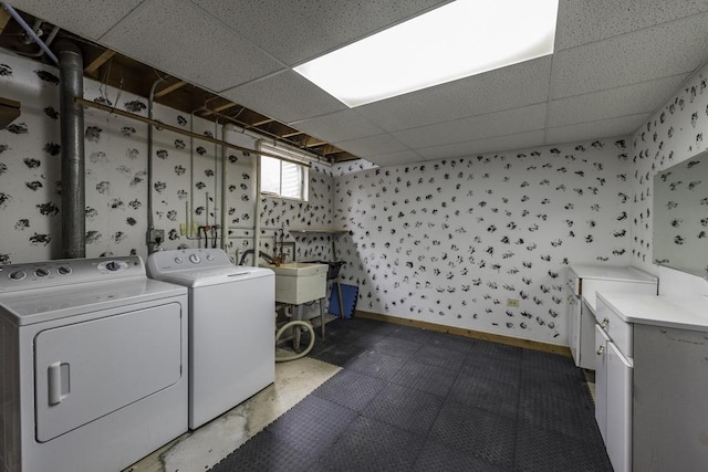 301 Garnett Ave, Winthrop Harbor, IL 60096 - washroom featuring separate washer and dryer, cabinet space, wallpapered walls, and tile patterned floors