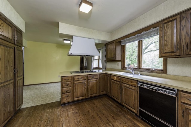 301 Garnett Ave, Winthrop Harbor, IL 60096 - kitchen with black dishwasher, custom range hood, a sink, stainless steel gas stovetop, and light countertops