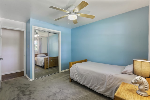 11341 S Nagle Ave, Worth, IL 60482 - bedroom with carpet floors, a closet, baseboards, and a ceiling fan