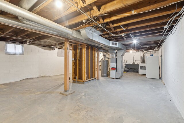 2228 8th St, Rockford, IL 61104 - basement featuring visible vents, heating unit, gas water heater, a sink, and independent washer and dryer