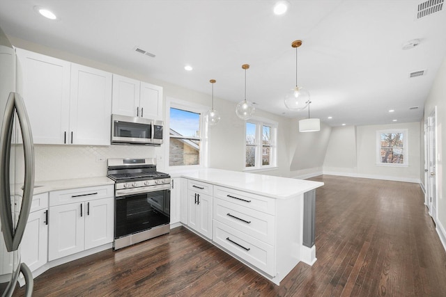 4825 W Oakdale Ave, Chicago, IL 60641 - kitchen featuring appliances with stainless steel finishes, a peninsula, tasteful backsplash, dark wood finished floors, and light countertops